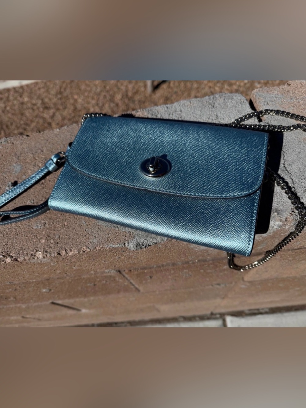 NWT Coach F22828 Metallic Crossgrain Leather Chain Crossbody in Sky
